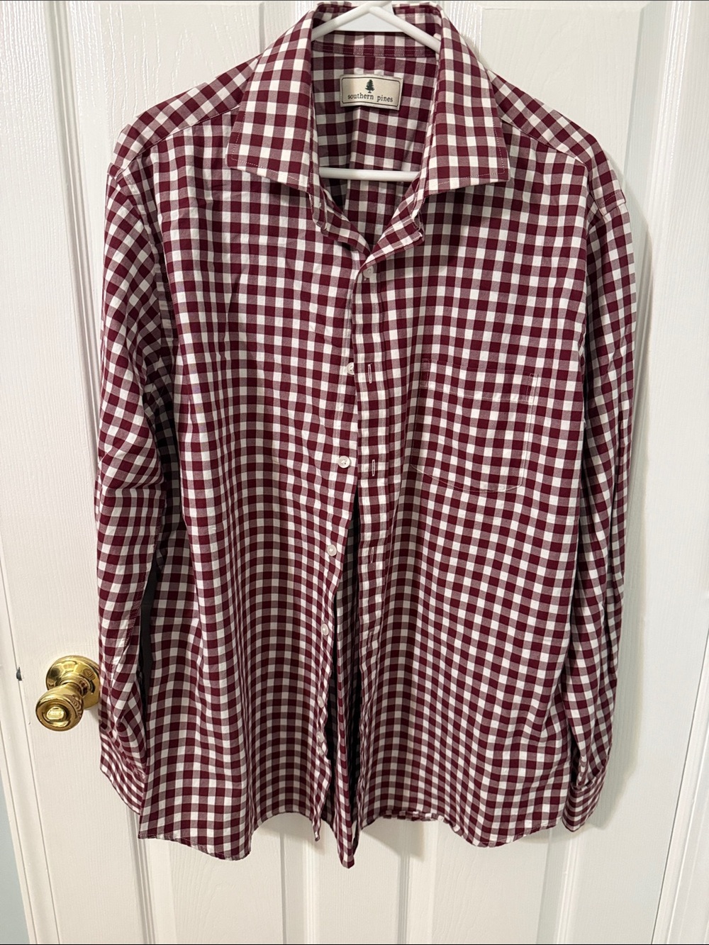 Southern Pines Men's Burgundy and White Gingham Button-Down Shirt
